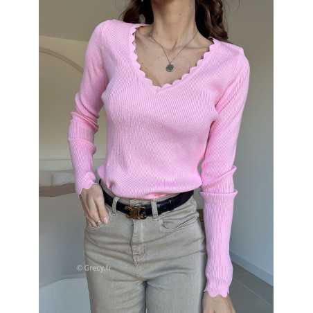 Pull col V dentelé rose mode grecy look tendance 2025