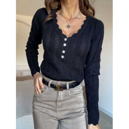 Pull col boutonné noir mode grecy look tendance 2025