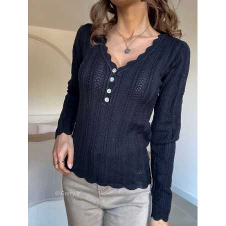 Pull col boutonné noir mode grecy look tendance 2025