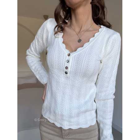 Pull col boutonné taupe blanc grecy look tendance 2025