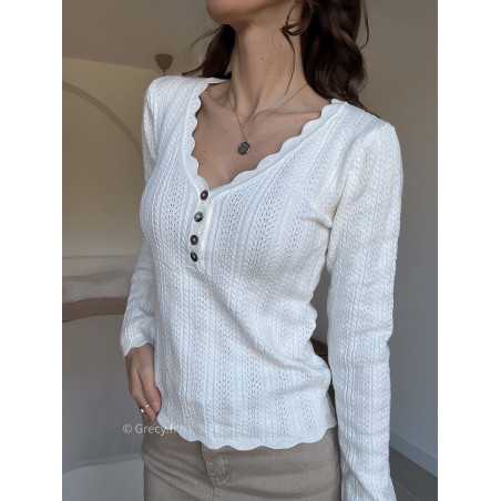 Pull col boutonné taupe blanc grecy look tendance 2025