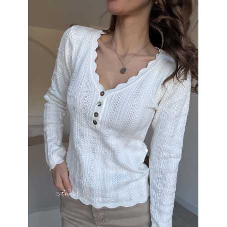 Pull col boutonné taupe blanc grecy look tendance 2025