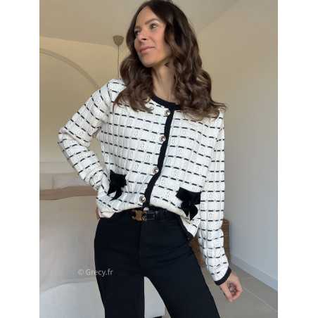 Cardigan noeuds poches blanc noir grecy look tendance 2025