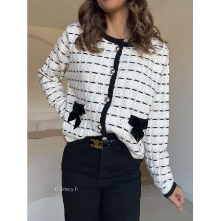 Cardigan noeuds poches blanc noir grecy look tendance 2025