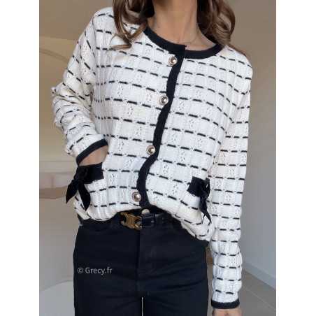 Cardigan noeuds poches blanc noir grecy look tendance 2025