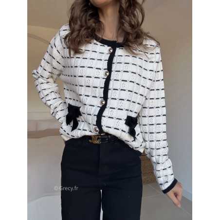 Cardigan noeuds poches blanc noir grecy look tendance 2025