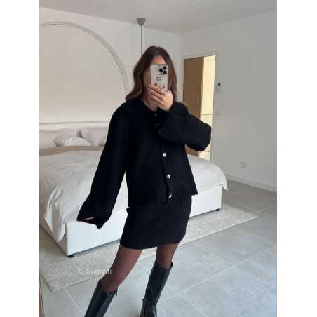 Ensemble maille noir jupe et gilet printemps mode tendance 2025 grecy