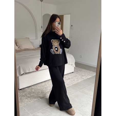 Ensemble Teddy noir pull ours ourson pantalon look ootd outfit mode tendance grecy