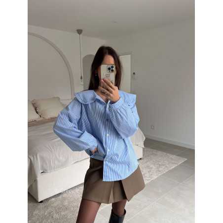 Chemise rayée bleu col Claudine manches longues look ootd outfit mode tendance grecy