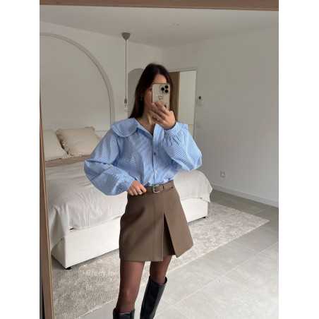 Chemise rayée bleu col Claudine manches longues look ootd outfit mode tendance grecy