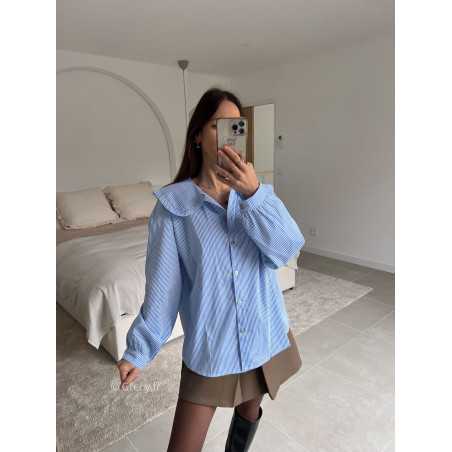 Chemise rayée bleu col Claudine manches longues look ootd outfit mode tendance grecy