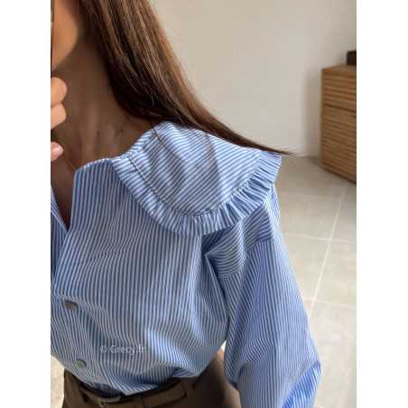 Chemise rayée bleu col Claudine manches longues look ootd outfit mode tendance grecy