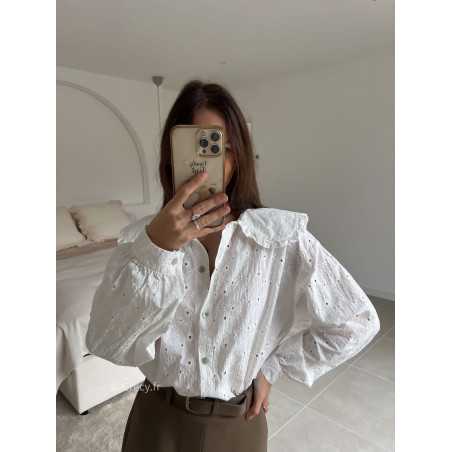 Chemise broderies anglaises col Claudine manches longues look ootd outfit mode tendance grecy