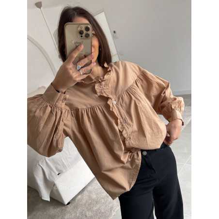 blouse babydoll beige camel manches longues look ootd outfit mode tendance grecy