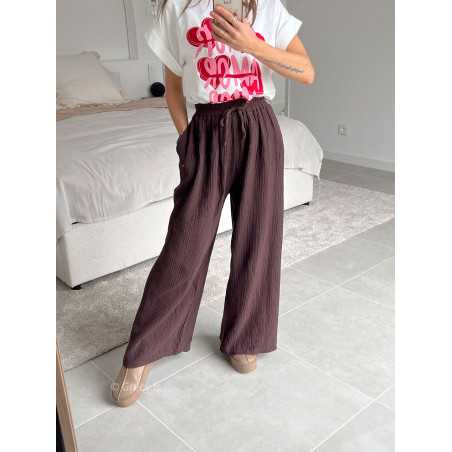 Pantalon gaze de coton marron look ootd outfit mode tendance grecy