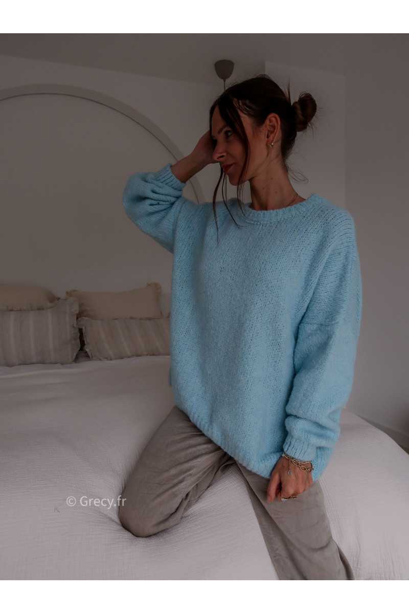 pull oversize mohair laine bleu clair baby blue mode tendance grecy look