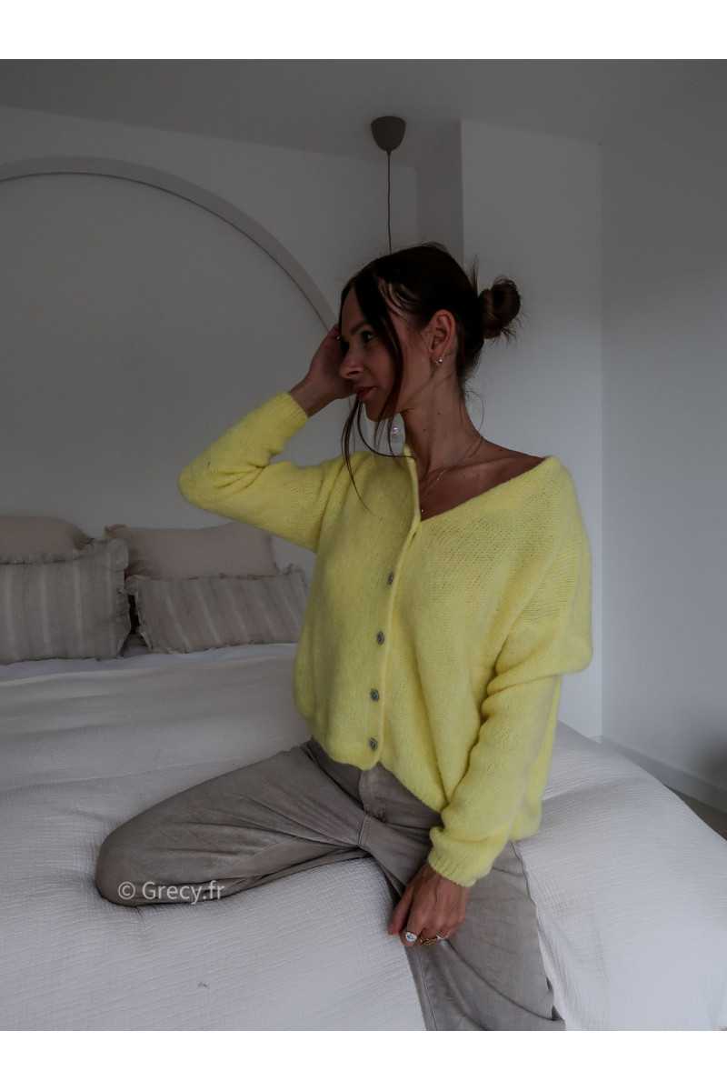 Gilet boutonné alpaga mohair jaune tendance grecy look