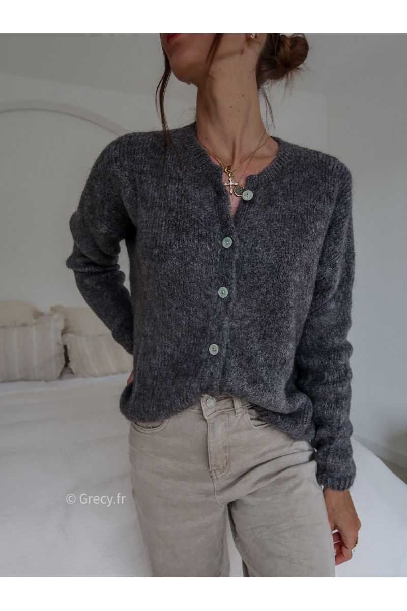 Gilet boutonné alpaga mohair gris anthracite basique tendance grecy look