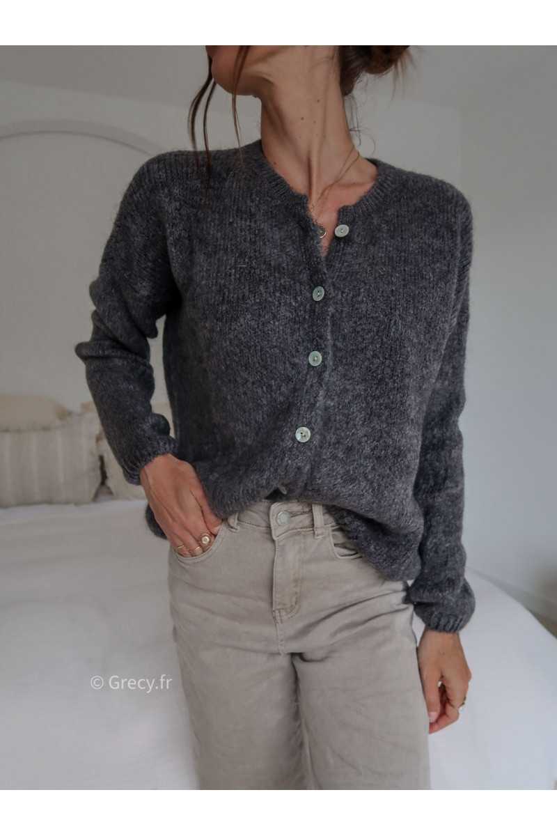 Gilet boutonné alpaga mohair gris anthracite basique tendance grecy look