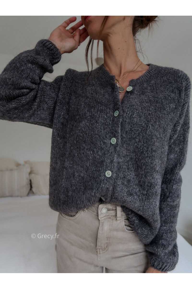 Gilet boutonné alpaga mohair gris anthracite basique tendance grecy look