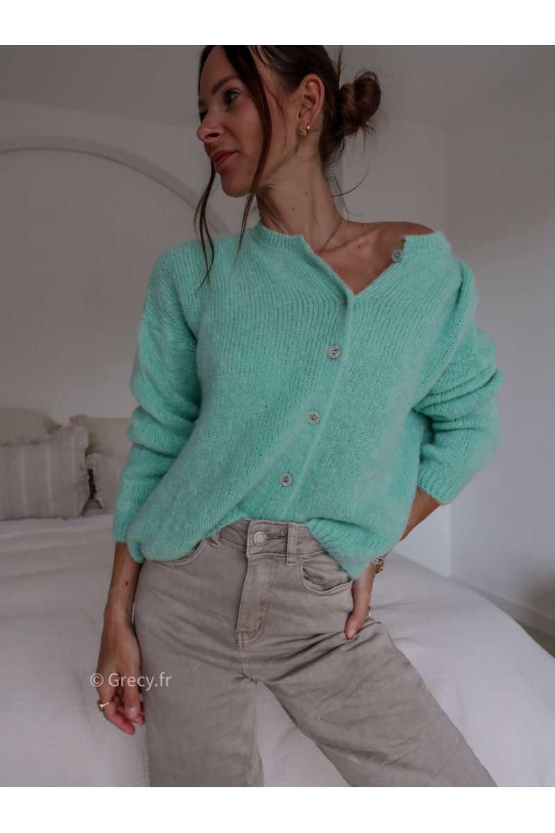 Gilet boutonné alpaga mohair vert d'eau pastel turquoise clair basique tendance grecy look