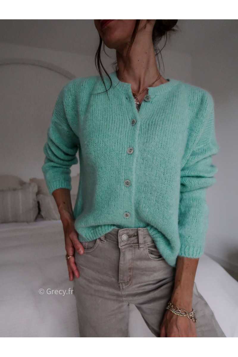 Gilet boutonné alpaga mohair vert d'eau pastel turquoise clair basique tendance grecy look