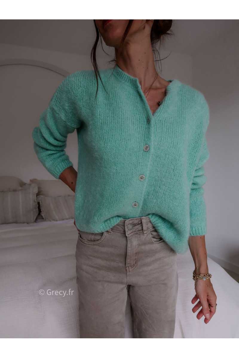 Gilet boutonné alpaga mohair vert d'eau pastel turquoise clair basique tendance grecy look