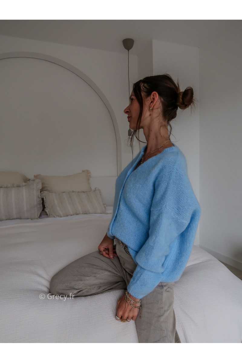 Gilet boutonné alpaga mohair bleu clair basique tendance grecy look