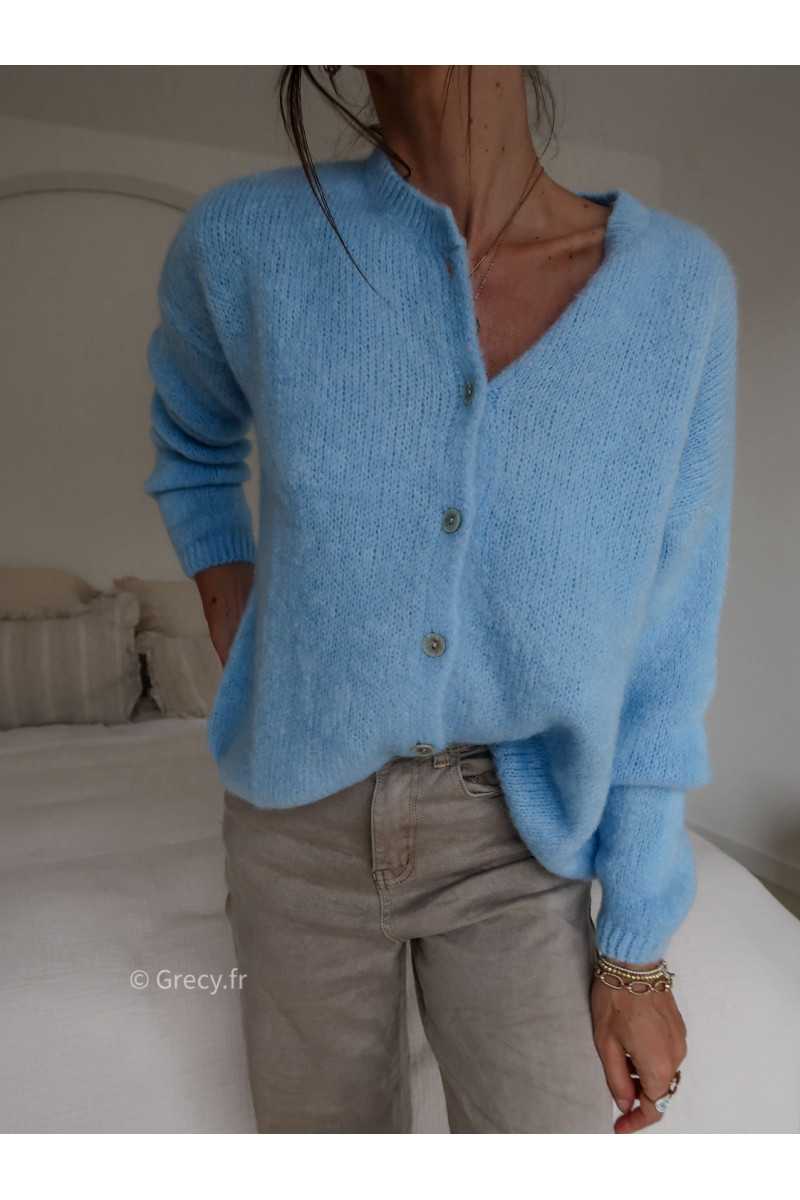 Gilet boutonné alpaga mohair bleu clair basique tendance grecy look