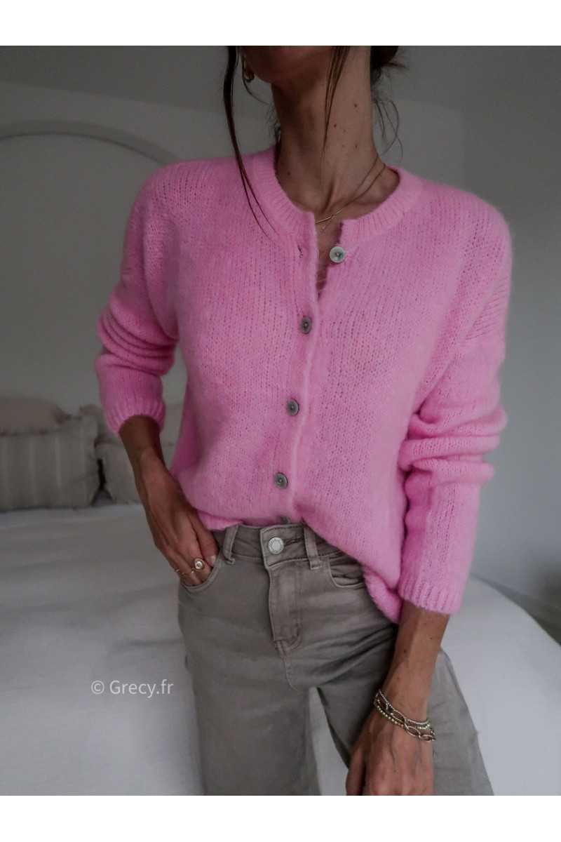 Gilet boutonné alpaga mohair rose basique tendance grecy look