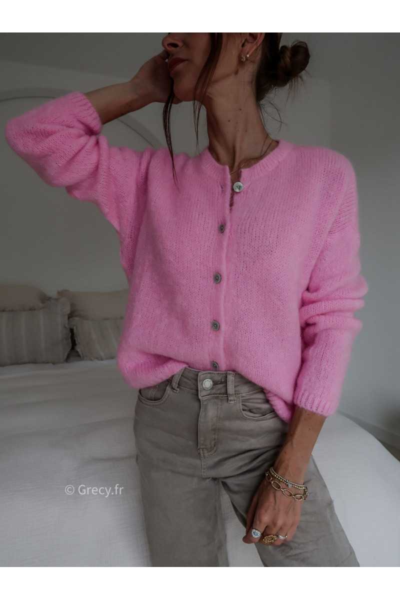 Gilet boutonné alpaga mohair rose basique tendance grecy look