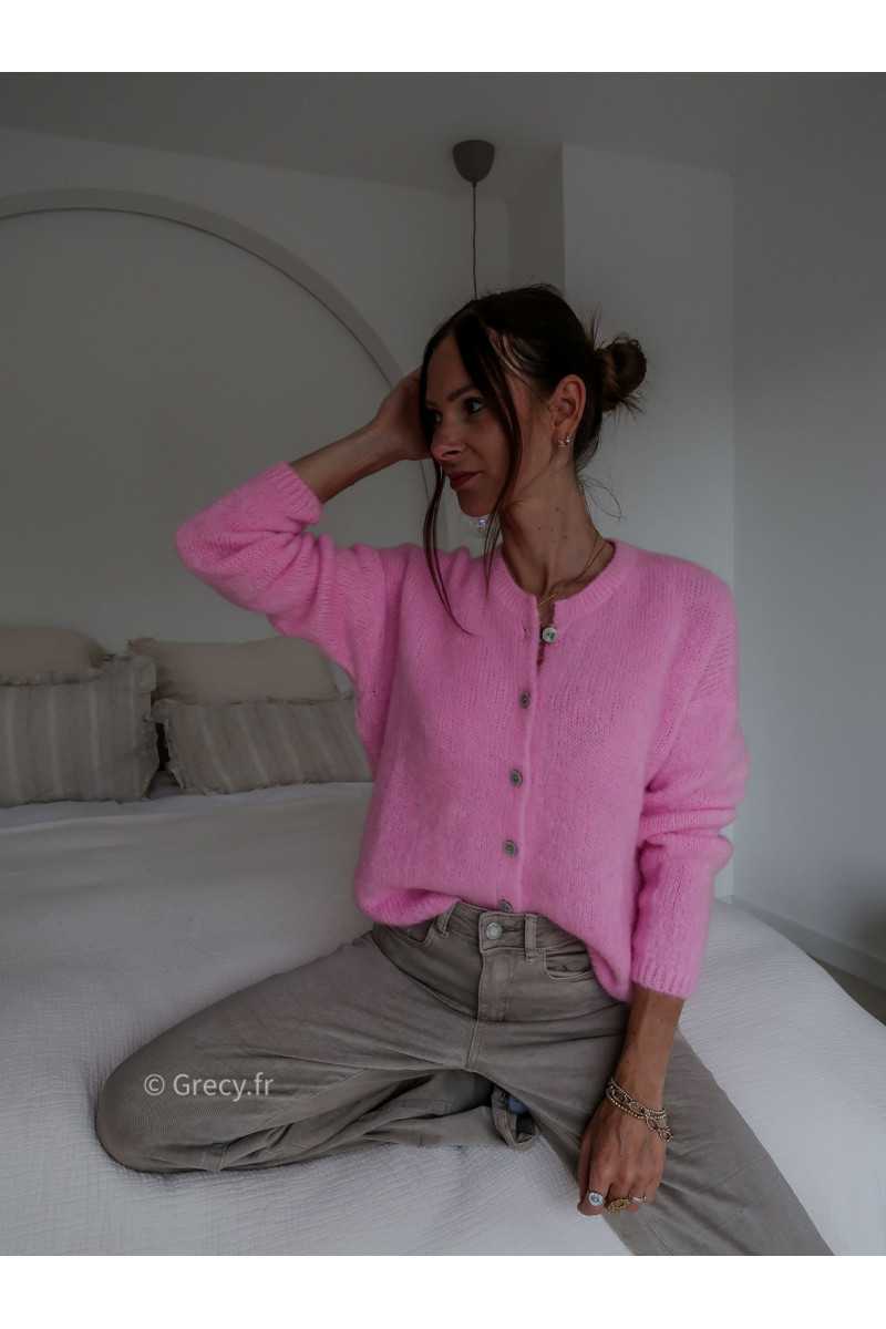 Gilet boutonné alpaga mohair rose basique tendance grecy look