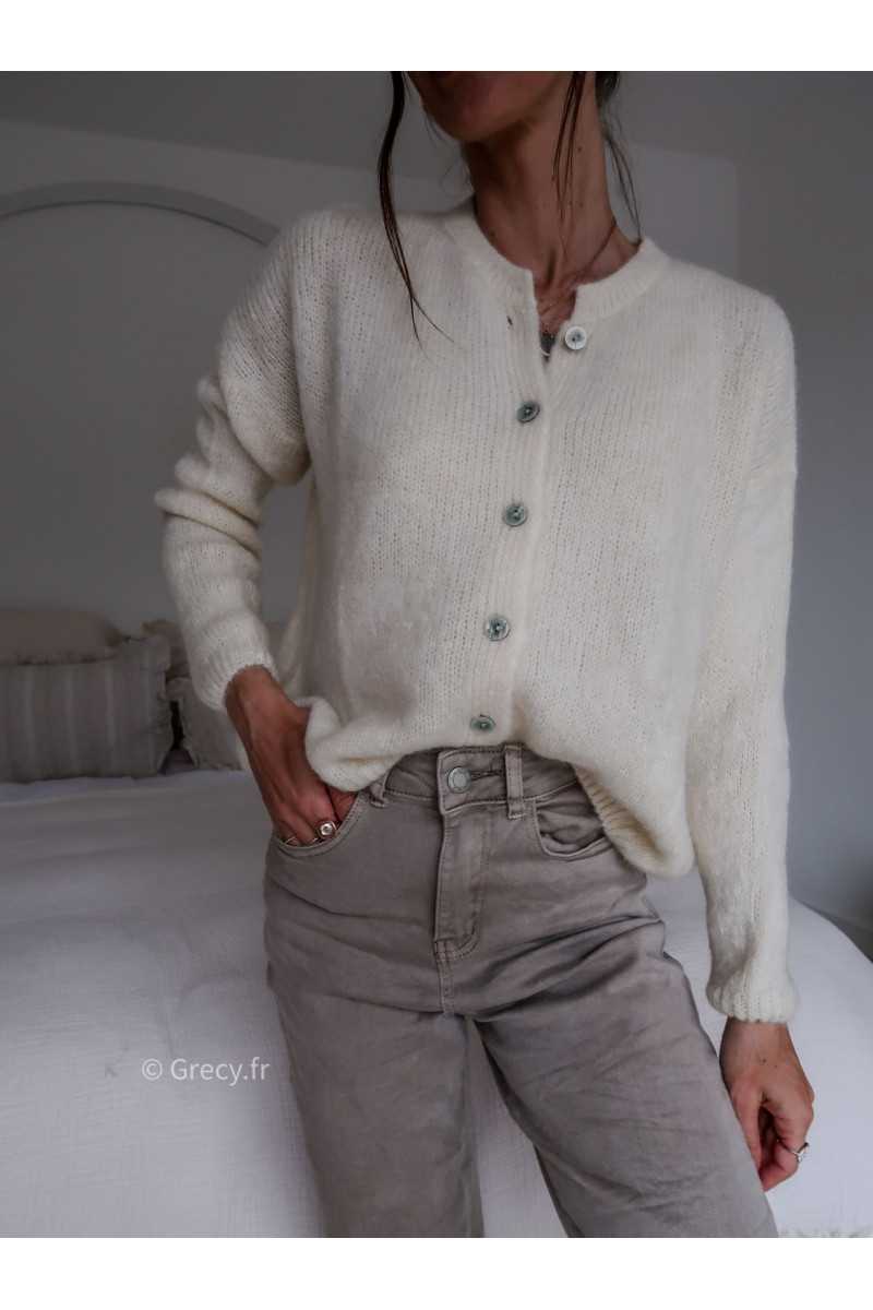 Gilet boutonné alpaga mohair beige écru basique tendance grecy look