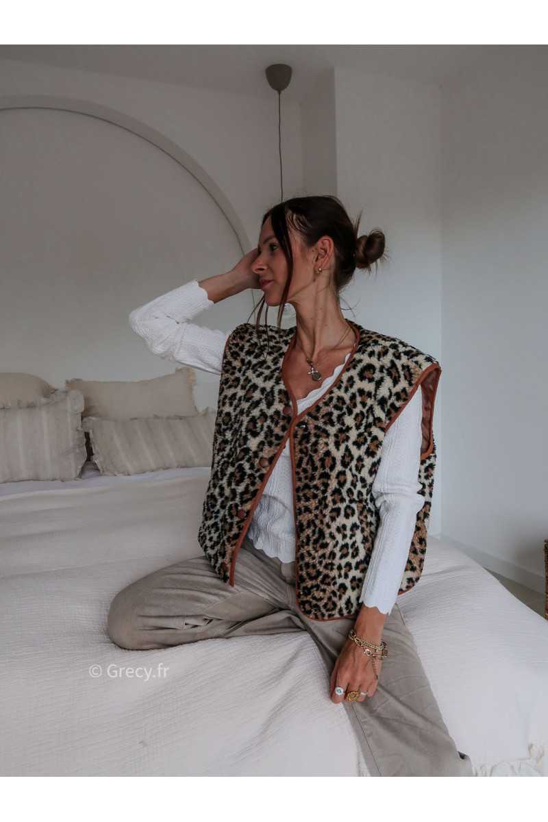 gilet sans manches leopard bouclette Teddy tendance grecy look