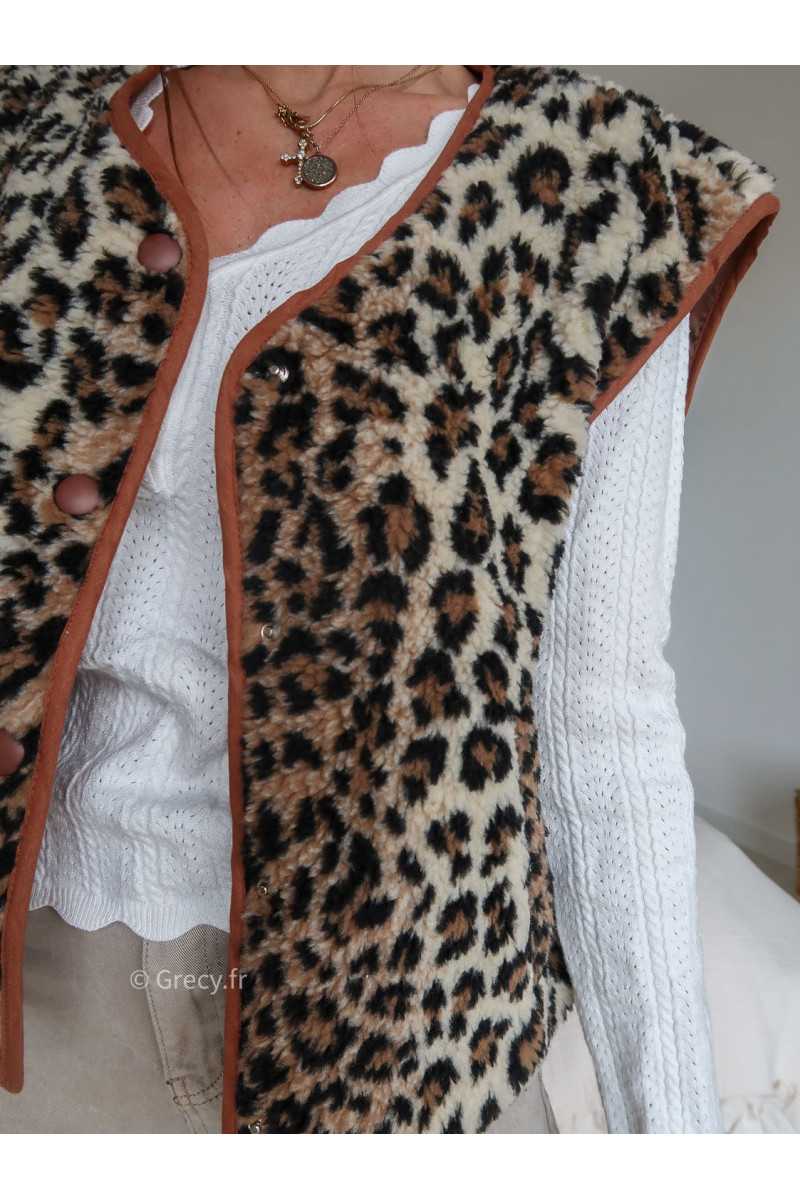 gilet sans manches leopard bouclette Teddy tendance grecy look