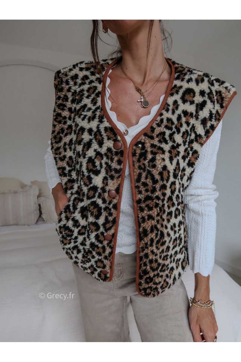 gilet sans manches leopard bouclette Teddy tendance grecy look