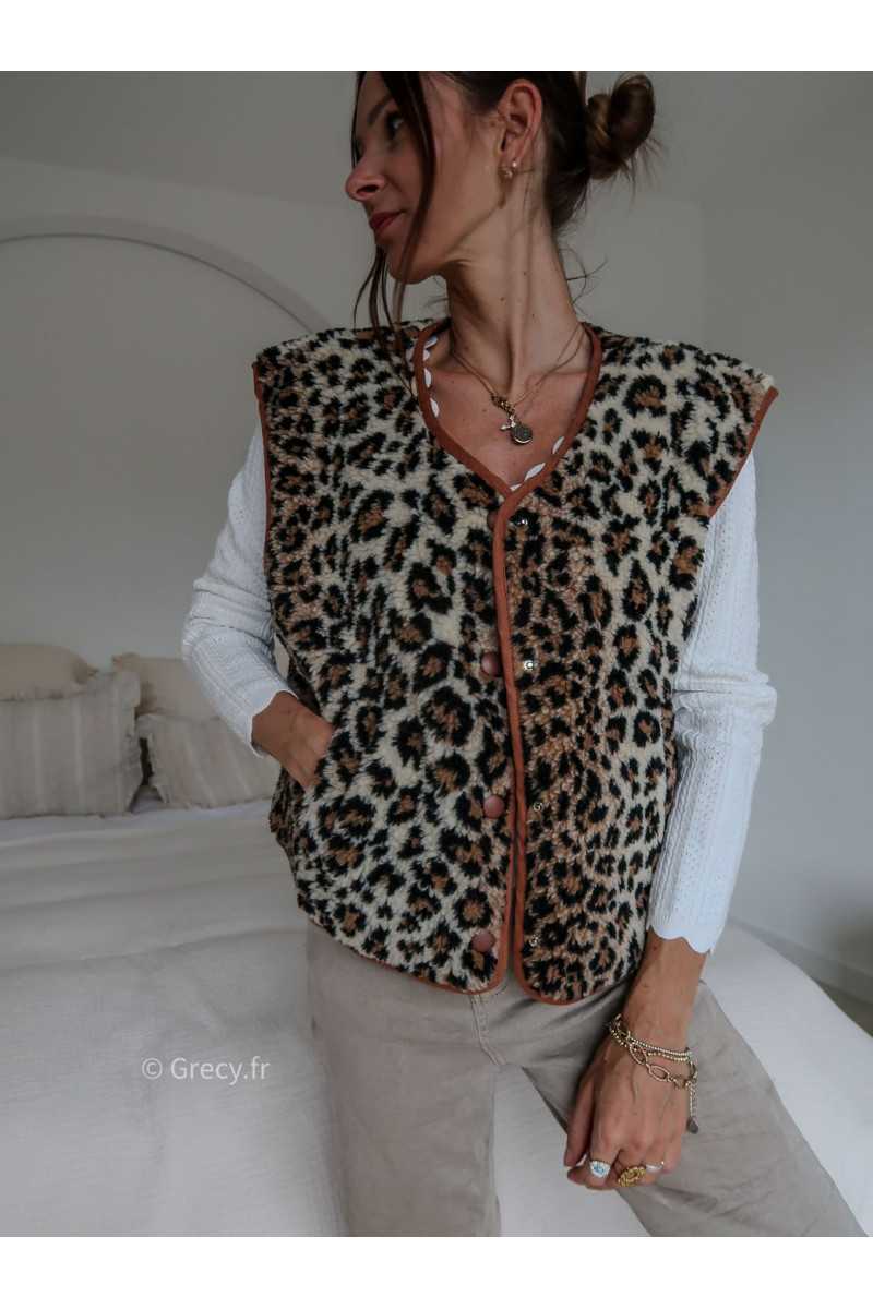 gilet sans manches leopard bouclette Teddy tendance grecy look