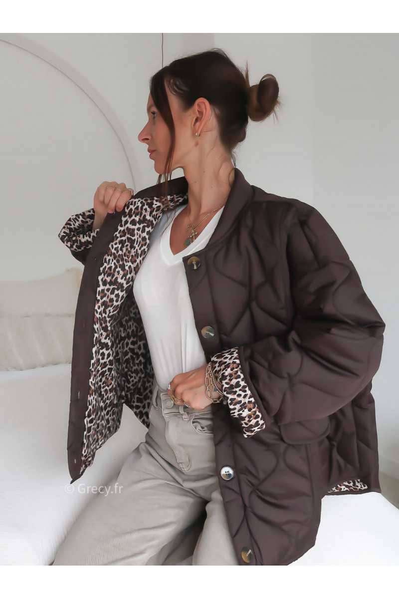 Veste matelassée marron leopard tendance grecy look