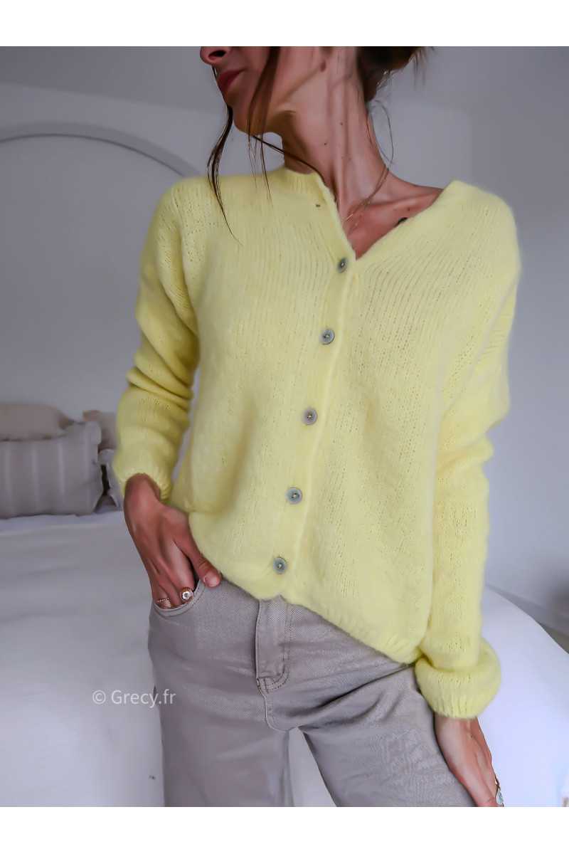 Gilet boutonné alpaga mohair jaune tendance grecy look