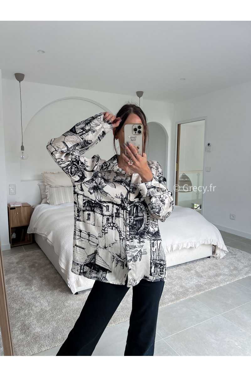 chemise soie toile de jouy noir et blanc manches longues légère fluide mode look grecy qualité intemporel ootd tendance chic