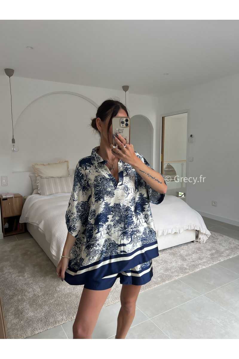 blouse col ouvert soie toile de jouy motif manches courtes douce oversize large grecy mode tenue ensemble