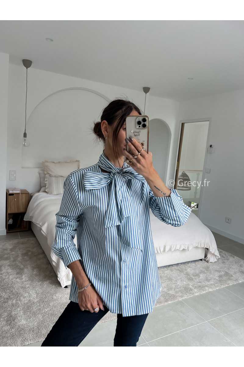 lavallière chemise col noeud rayures rayée bleu manches longues grecy mode chic