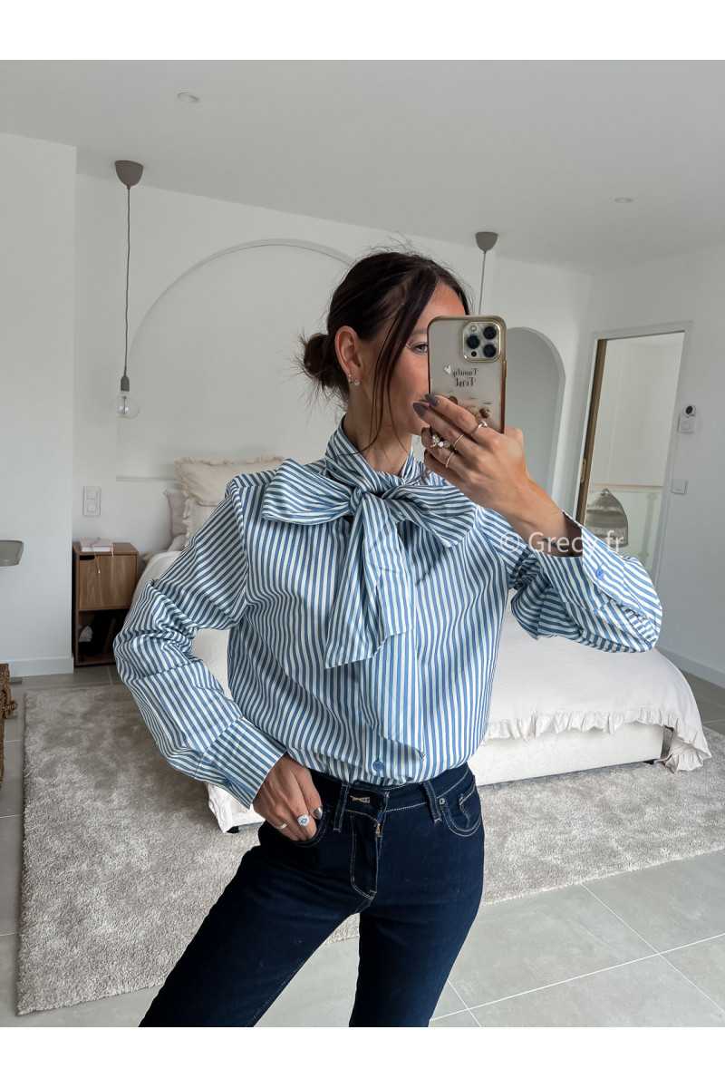 lavallière chemise col noeud rayures rayée bleu manches longues grecy mode chic