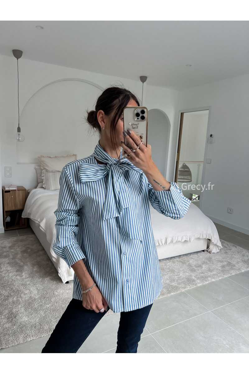 lavallière chemise col noeud rayures rayée bleu manches longues grecy mode chic