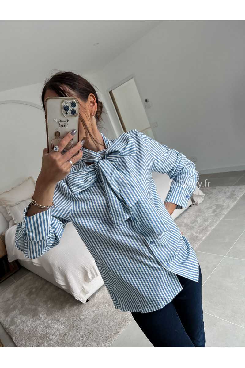 lavallière chemise col noeud rayures rayée bleu manches longues grecy mode chic