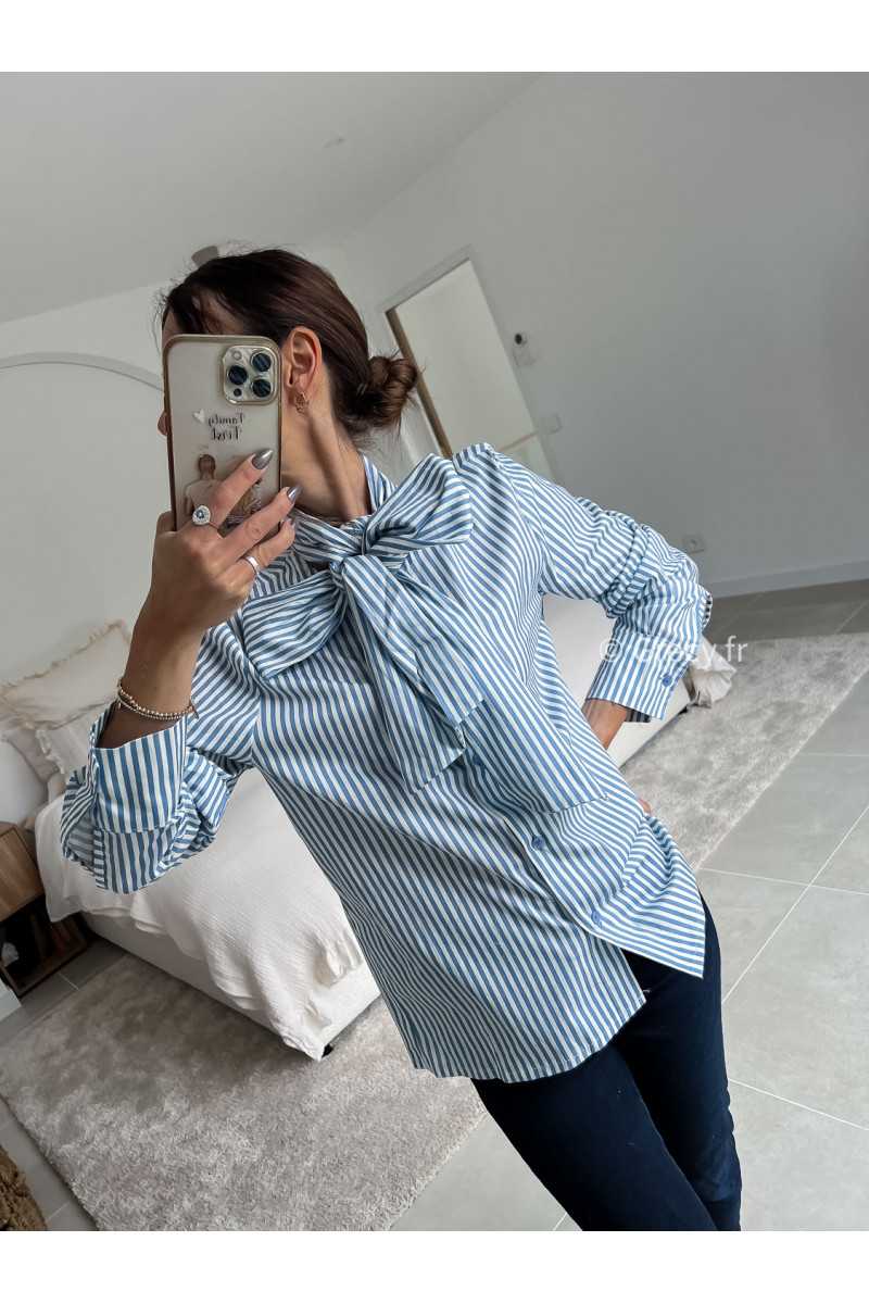 lavallière chemise col noeud rayures rayée bleu manches longues grecy mode chic