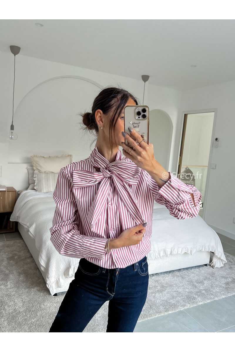 lavallière chemise col noeud rayures rayée rose manches longues grecy mode chic