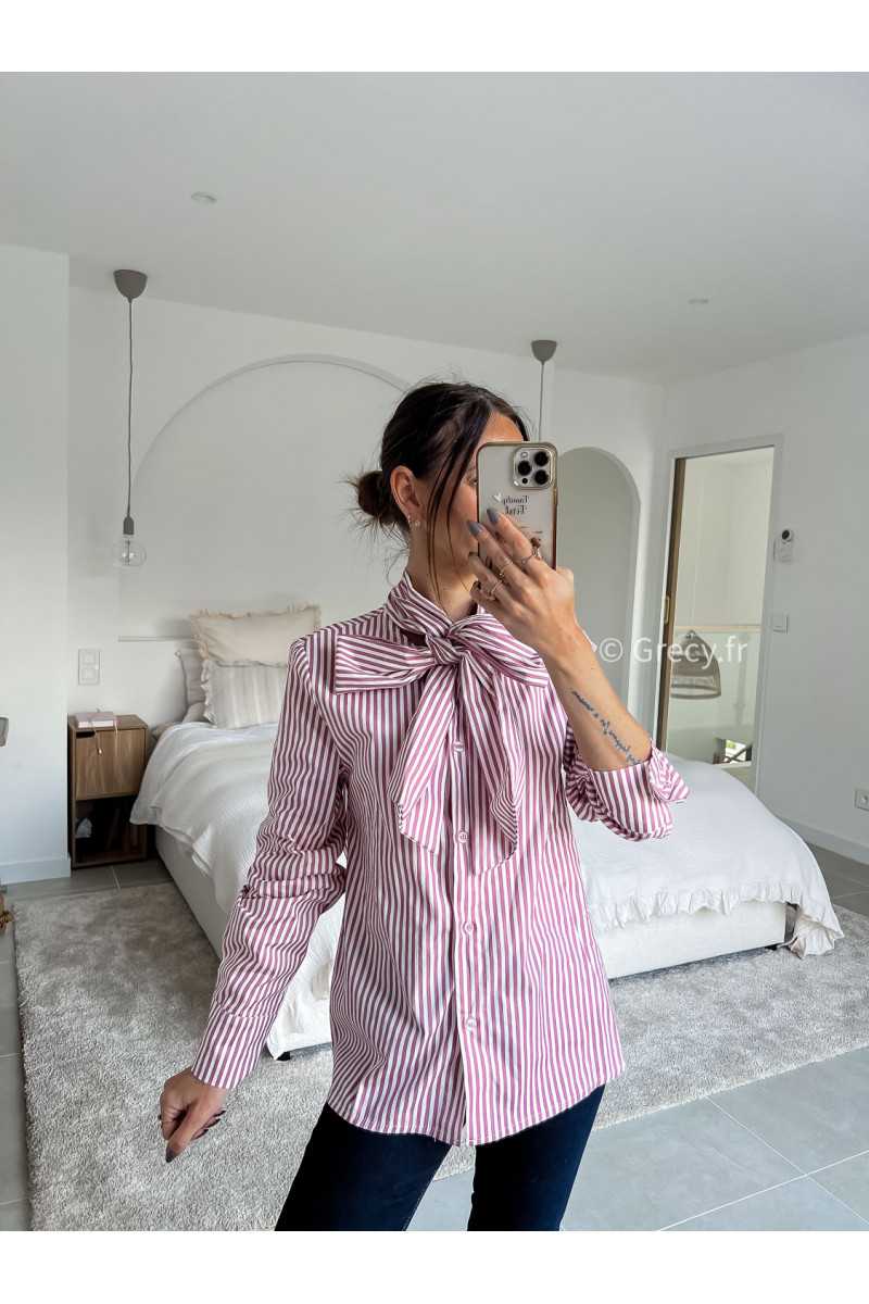 lavallière chemise col noeud rayures rayée rose manches longues grecy mode chic