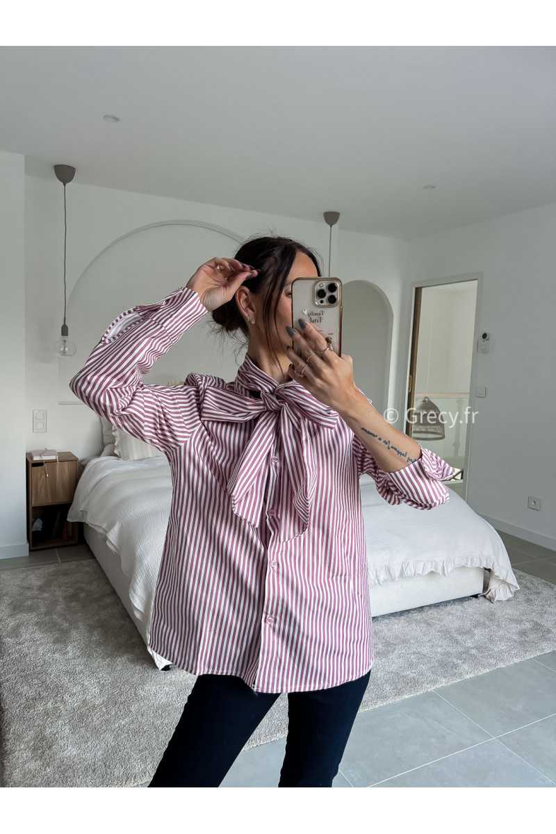 lavallière chemise col noeud rayures rayée rose manches longues grecy mode chic