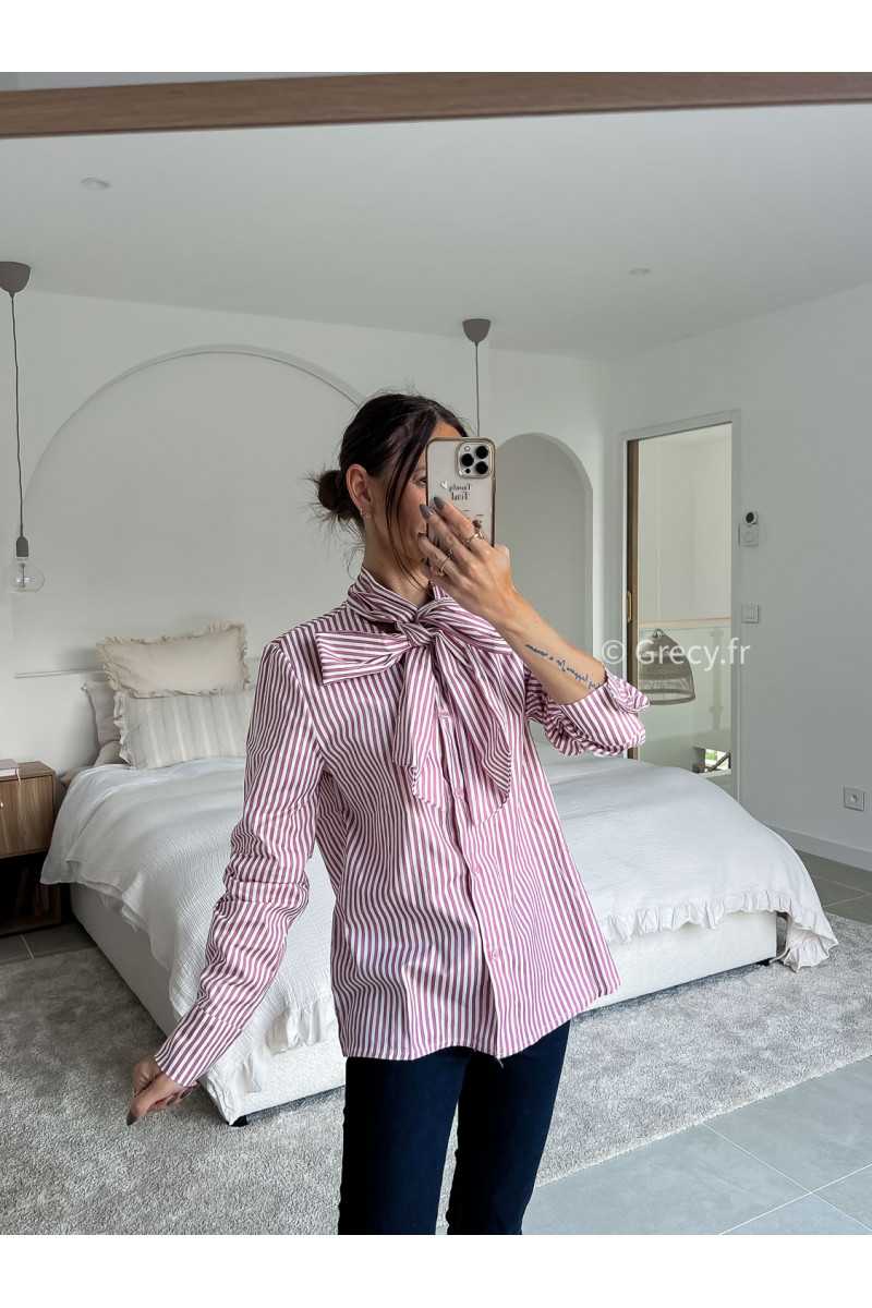 lavallière chemise col noeud rayures rayée rose manches longues grecy mode chic